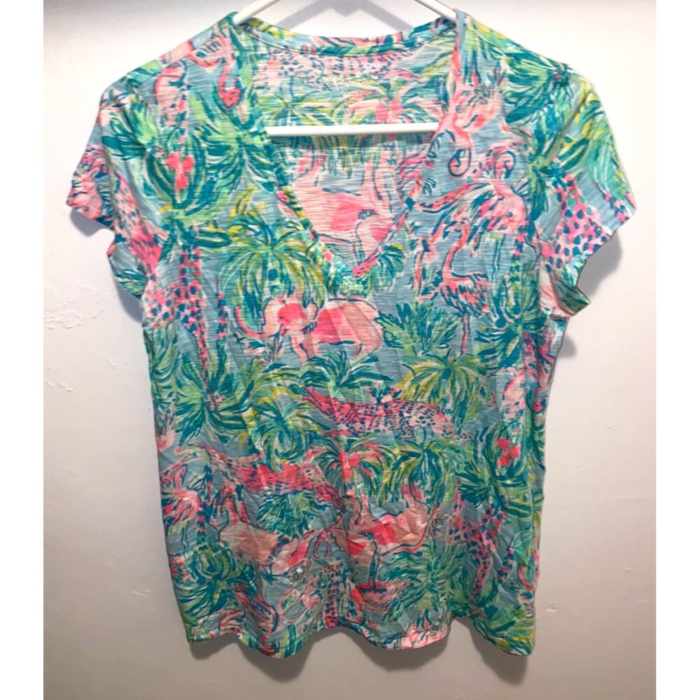 Lilly Pulitzer V-neck Pink Elephant Flamingo Alligator Giraffe Safari Top sz M